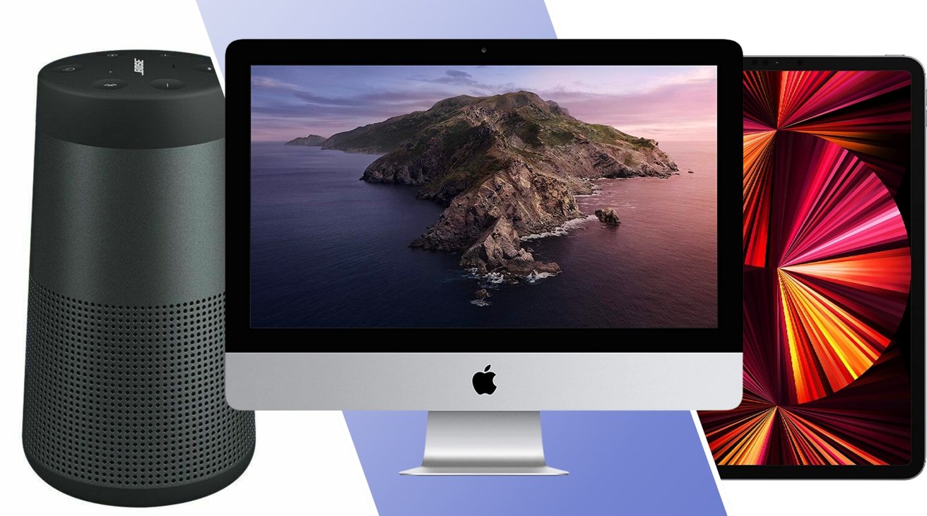 Apple iMac (21.5-inch), 2021 Apple 11-inch iPad Pro, and Bose SoundLink Revolve Bluetooth Speaker, side by side