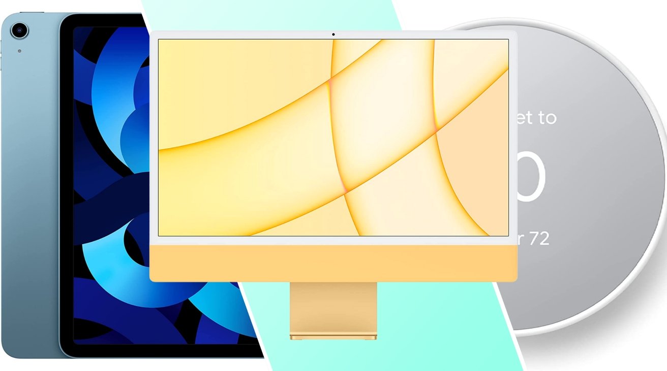 2021 Apple iMac, 2022 Apple iPad Air, and Google Nest Thermostat side by side