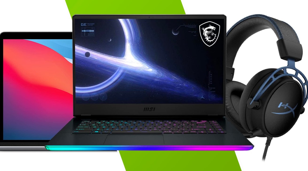 MSI GE66 Raider Gaming Laptop, 13-inch M1 MacBook Air, and HyperX Cloud Alpha S PC Gaming Headset, side by side