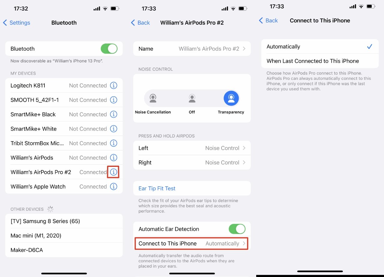 On iOS, go through Settings and Bluetooth to decide whether to have your iPhone always automatically take control of the AirPods