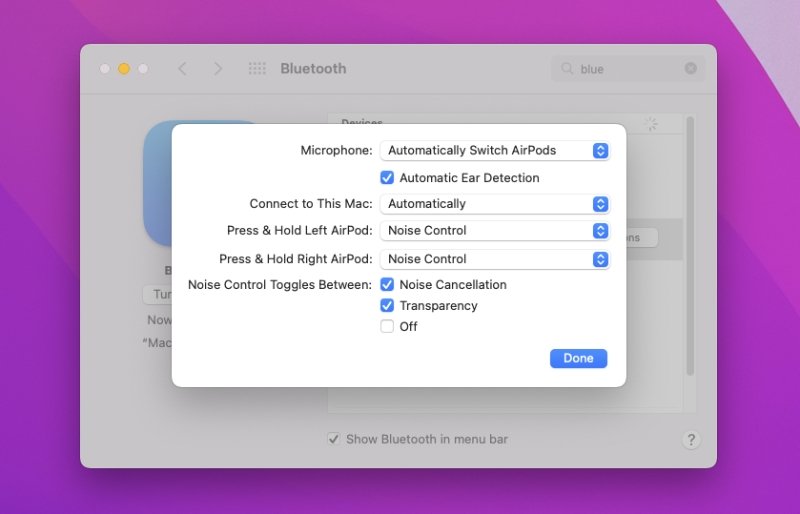 Pe Mac, deschideți Bluetooth în Preferințe de sistem, găsiți AirPod-urile conectate și alegeți să vă conectați automat