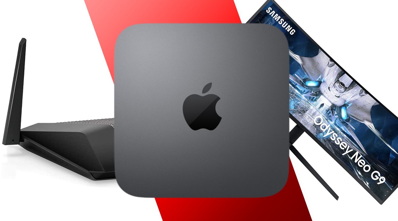 Apple Mac mini, Samsung 49-inch Odyssey Neo G9 Curved Gaming Monitor, and Netgear Nighthawk 4-Stream SX4 Wi-Fi 6 Router side by side