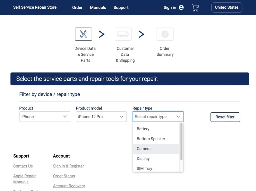 Example of ordering replacement parts