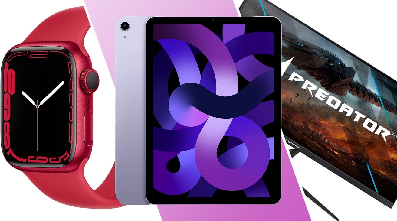 2022 iPad Air 5, Apple Watch Series 7, and Acer Predator XB3 32-inch LED Monitor, side by side