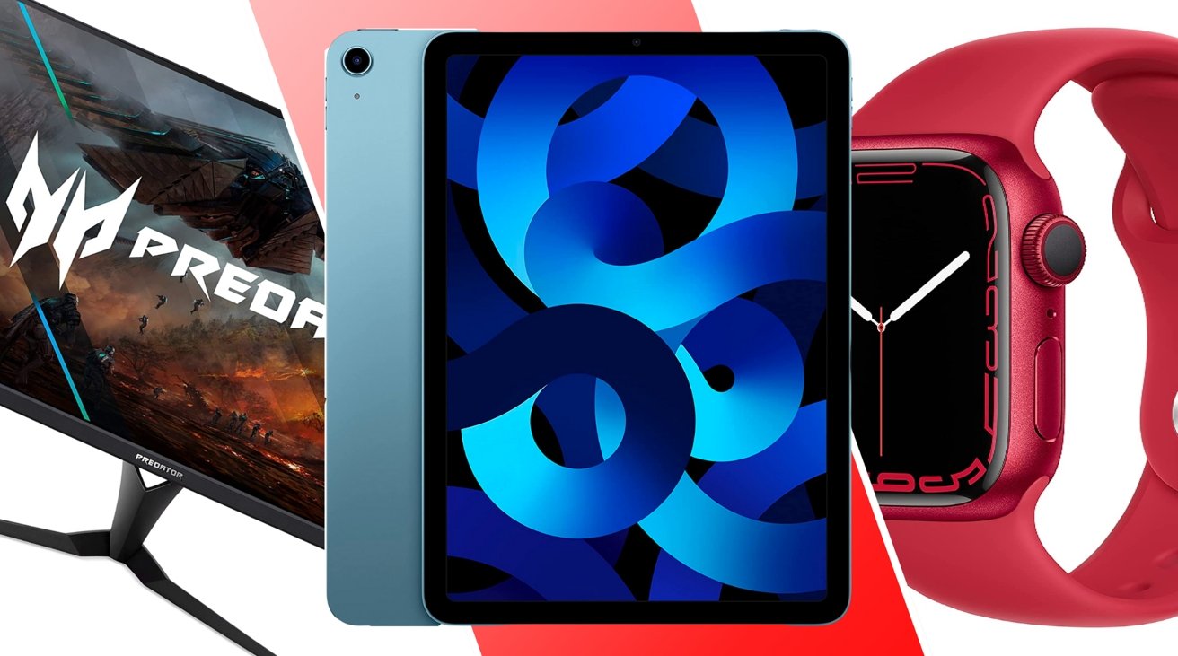 2022 iPad Air 5 Wi-Fi 64GB, Apple Watch Series 7, and Acer Predator XB3 32-inch Monitor, side by side