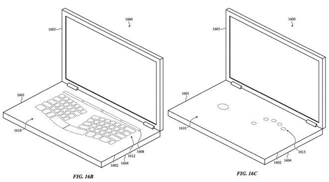 Apple patent figures showing off a MacBook with a glass bottom portion.