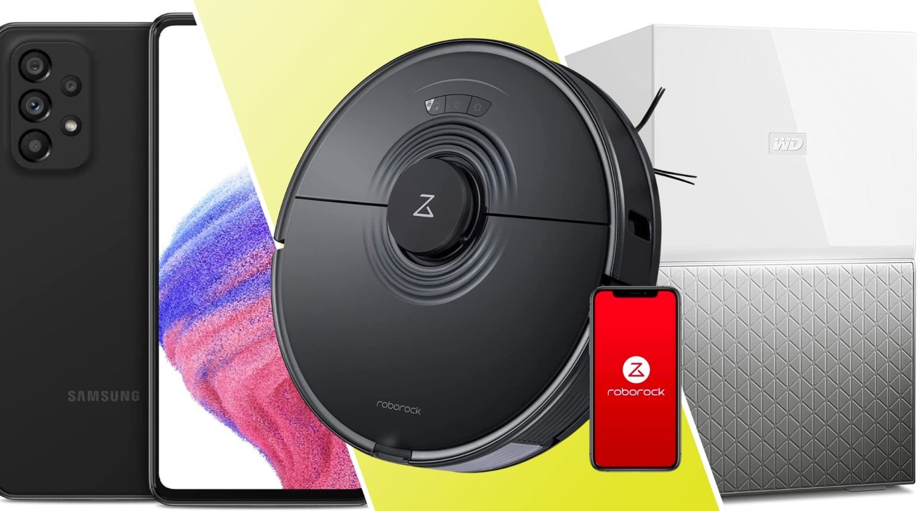 Roborock S7 Vacuum and Mop, WD 4TB My Cloud Home Duo, and Samsung Galaxy A53 5G 128GB (Unlocked), side by side