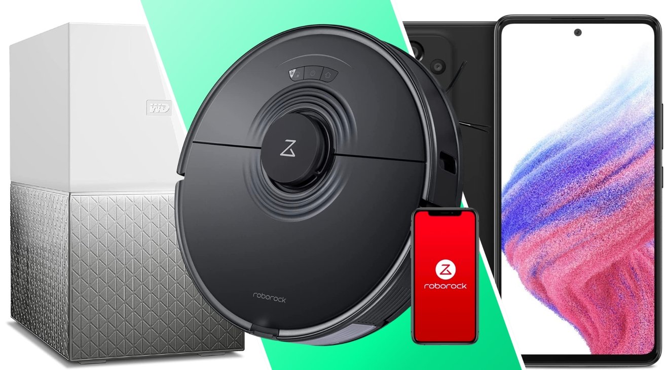 Roborock S7 Vacuum and Mop, WD 4TB My Cloud Home Duo, and Samsung Galaxy A53 5G 128GB (Unlocked), side by side