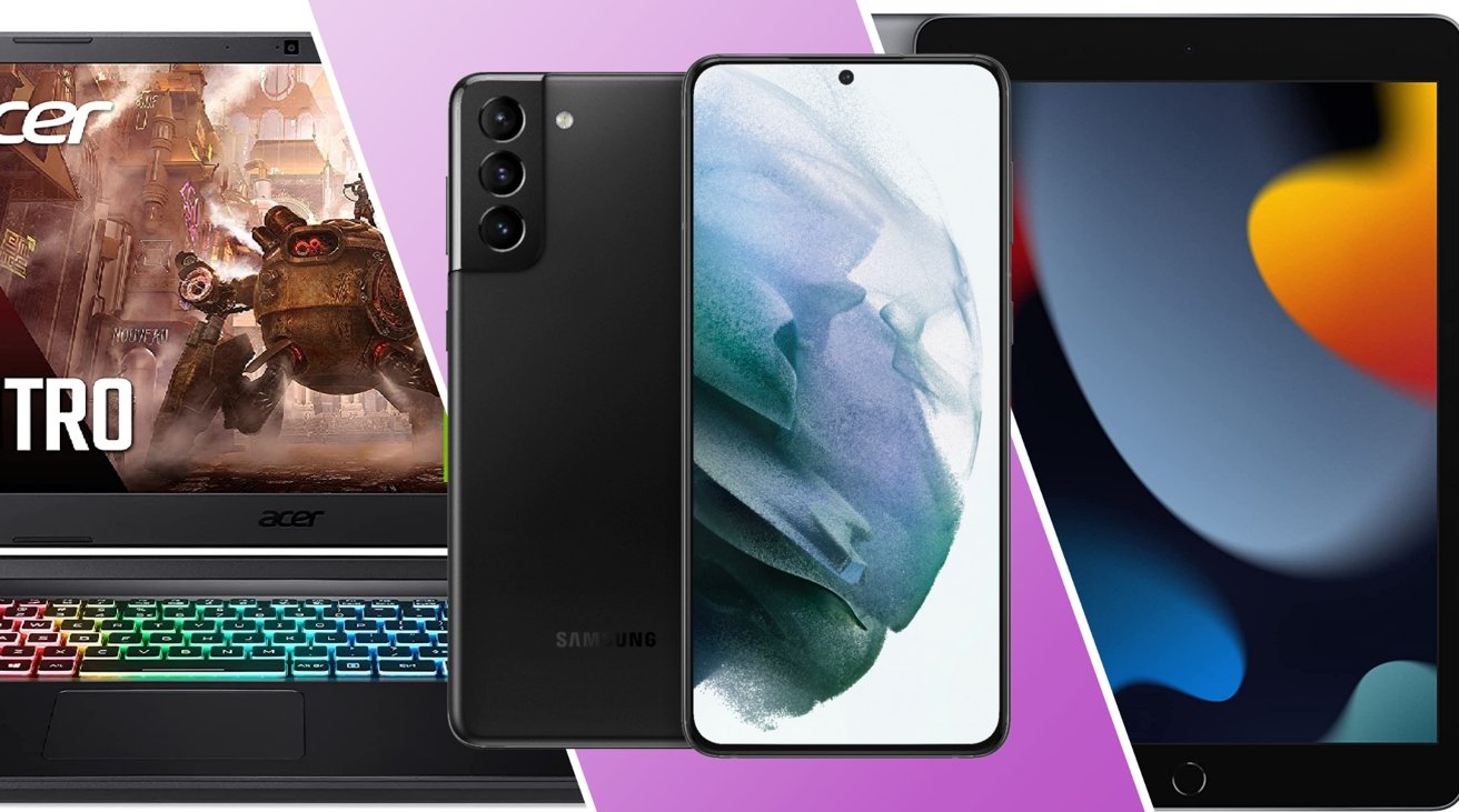 Samsung Galaxy S21+ (Refurbished), 2021 Apple 10.2-inch iPad, and Acer Nitro 5 17.3-inch Ryzen RTX 3080 Gaming Laptop, side by side 