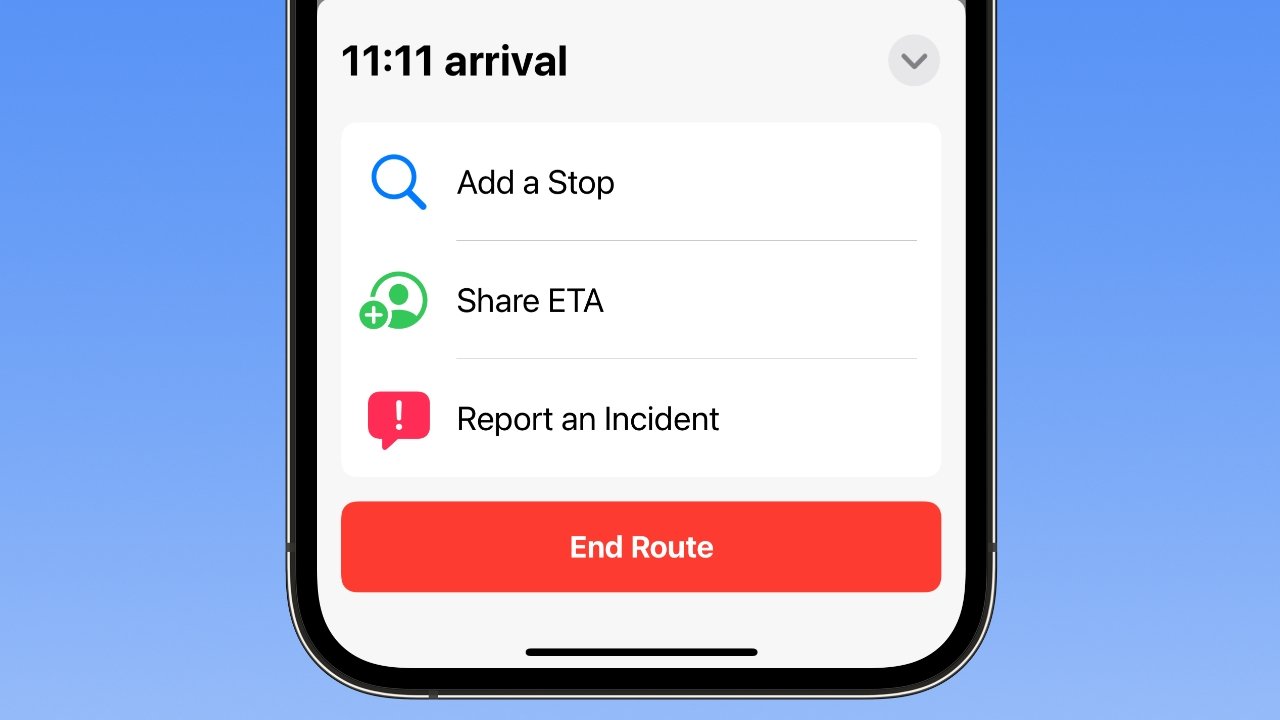 Report an incident or add a stop from the Apple Maps driving directions menu