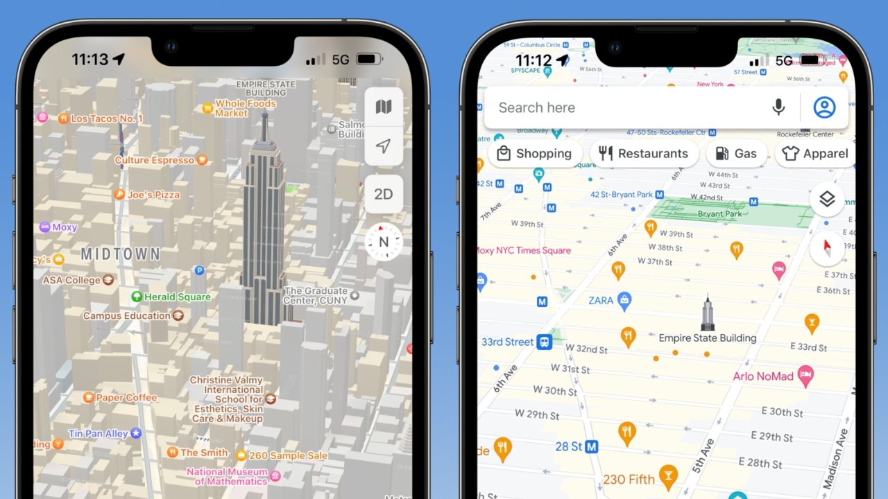 Apple Maps uses its 3D data more agressively while Google waits until you zoom in