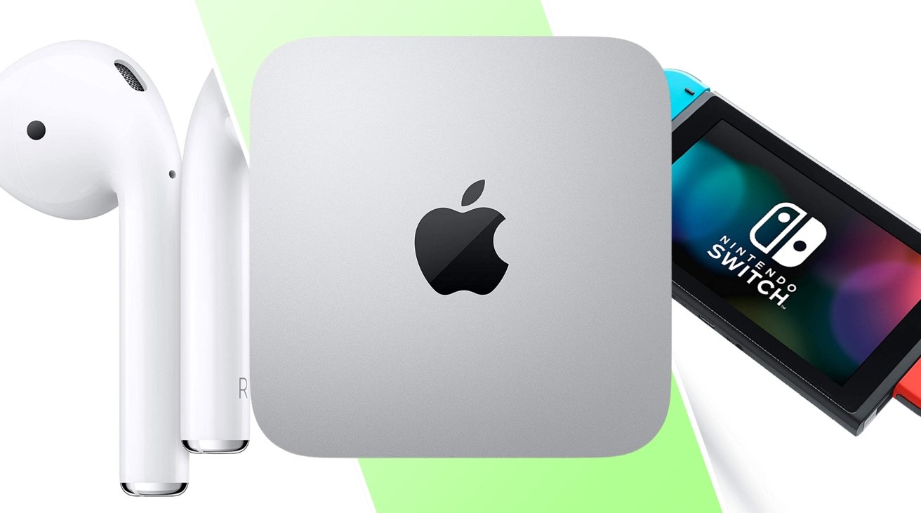 2020 M1 Mac Mini, AirPods 2, and Nintendo Switch, side by side