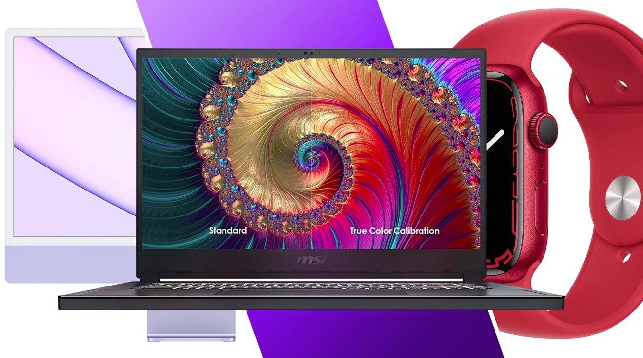 MSI Creator 15 RTX 3080 Laptop, 24-inch M1 Apple iMac, and Apple Watch Series 7, side by side