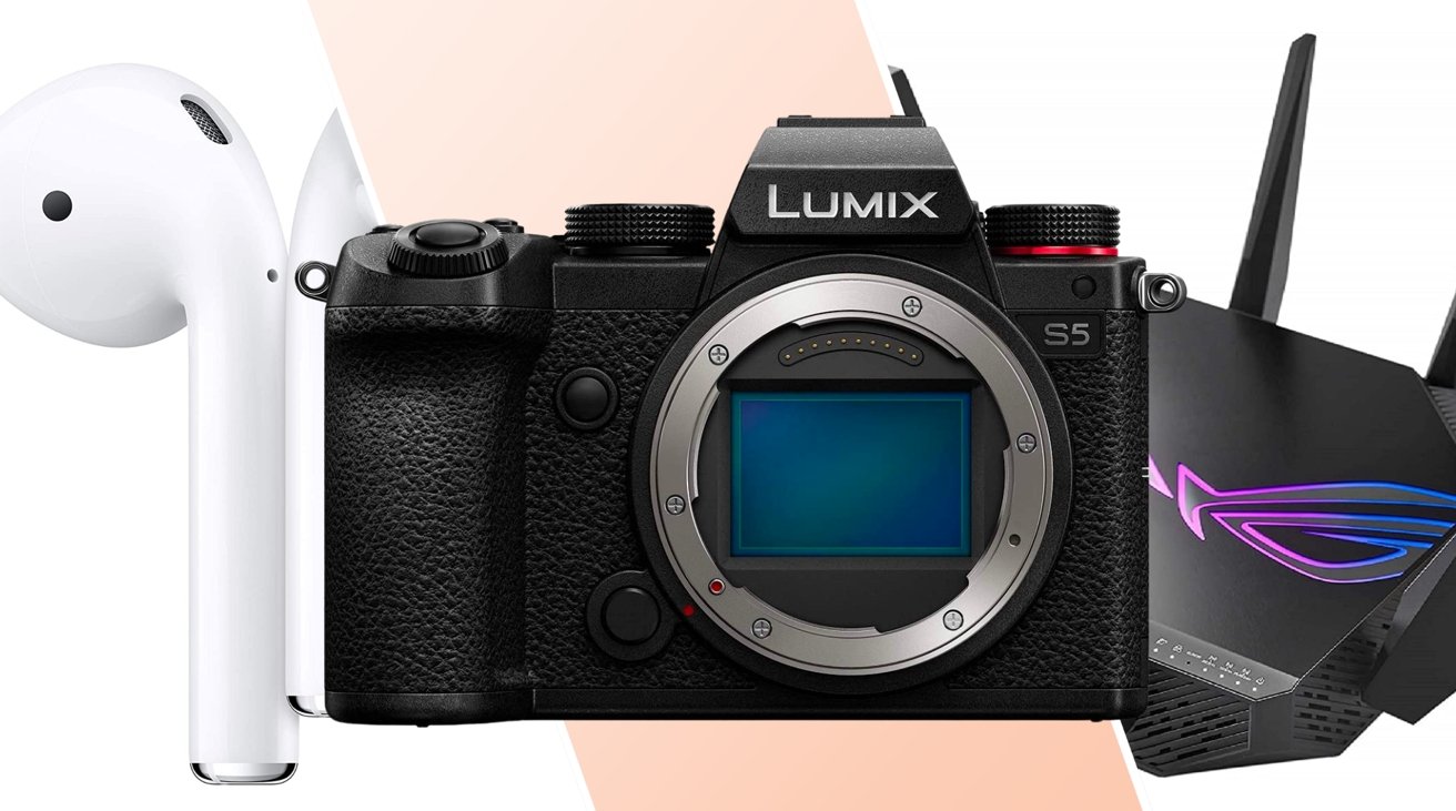 Panasonic Lumix S5 Full Frame Mirrorless Camera, Apple AirPods (2nd Generation), and ASUS ROG Rapture Tri-Band Wi-Fi 6E Gaming Router side by side