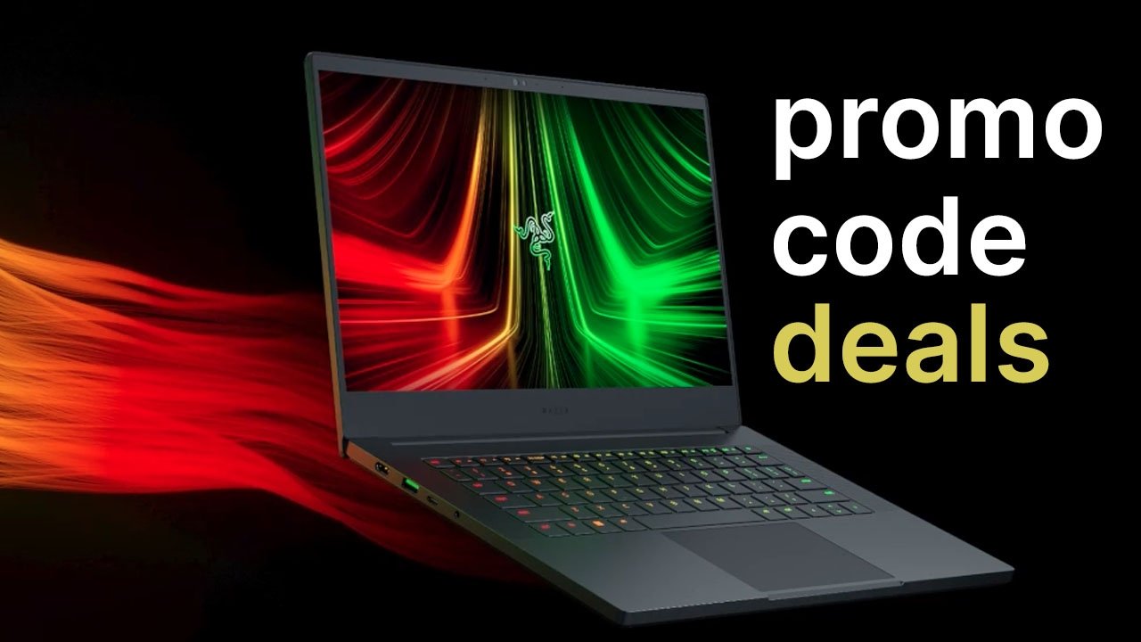 Razer Blade 14 gaming laptop with rainbow background and promo code deals text