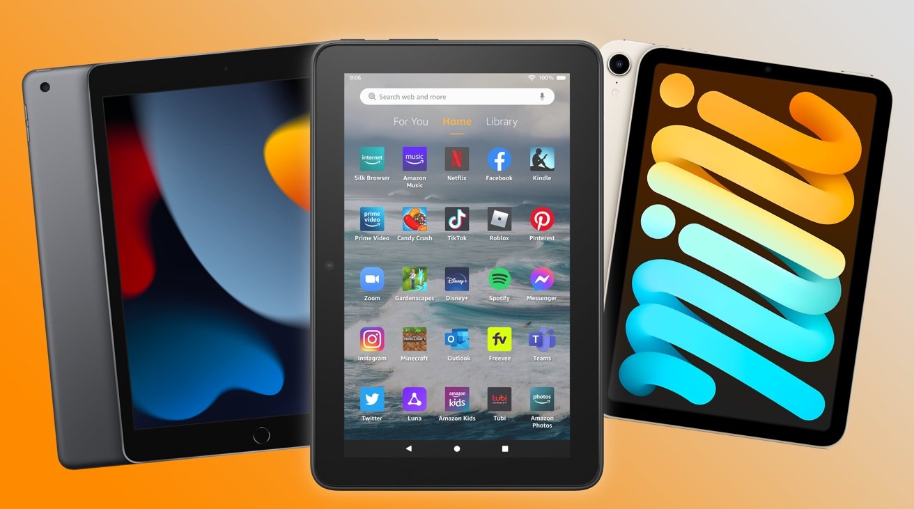 Amazon's Fire 7 for 2022 (middle) with the iPad mini (right) and 10.2-inch iPad (left)