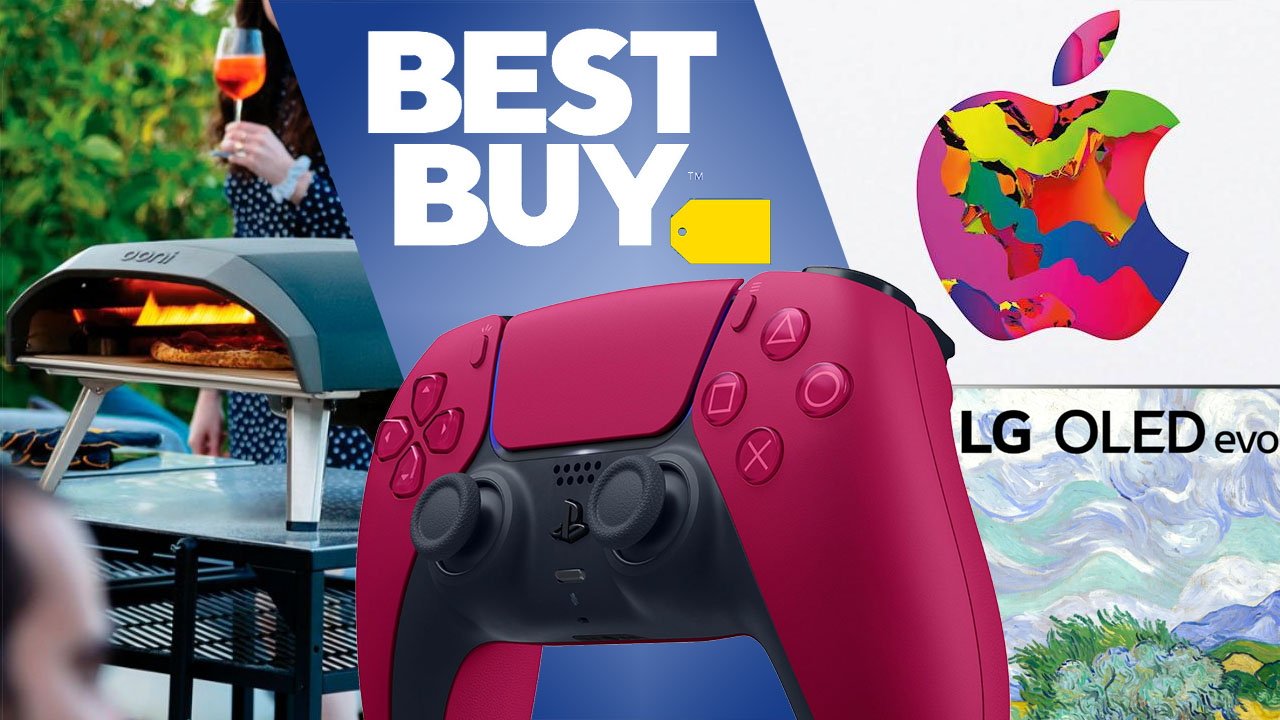 Onni Pizza Oven, Sony PS5 controller in red, Apple gift card and LG OLED Evo TV with Best Buy logo