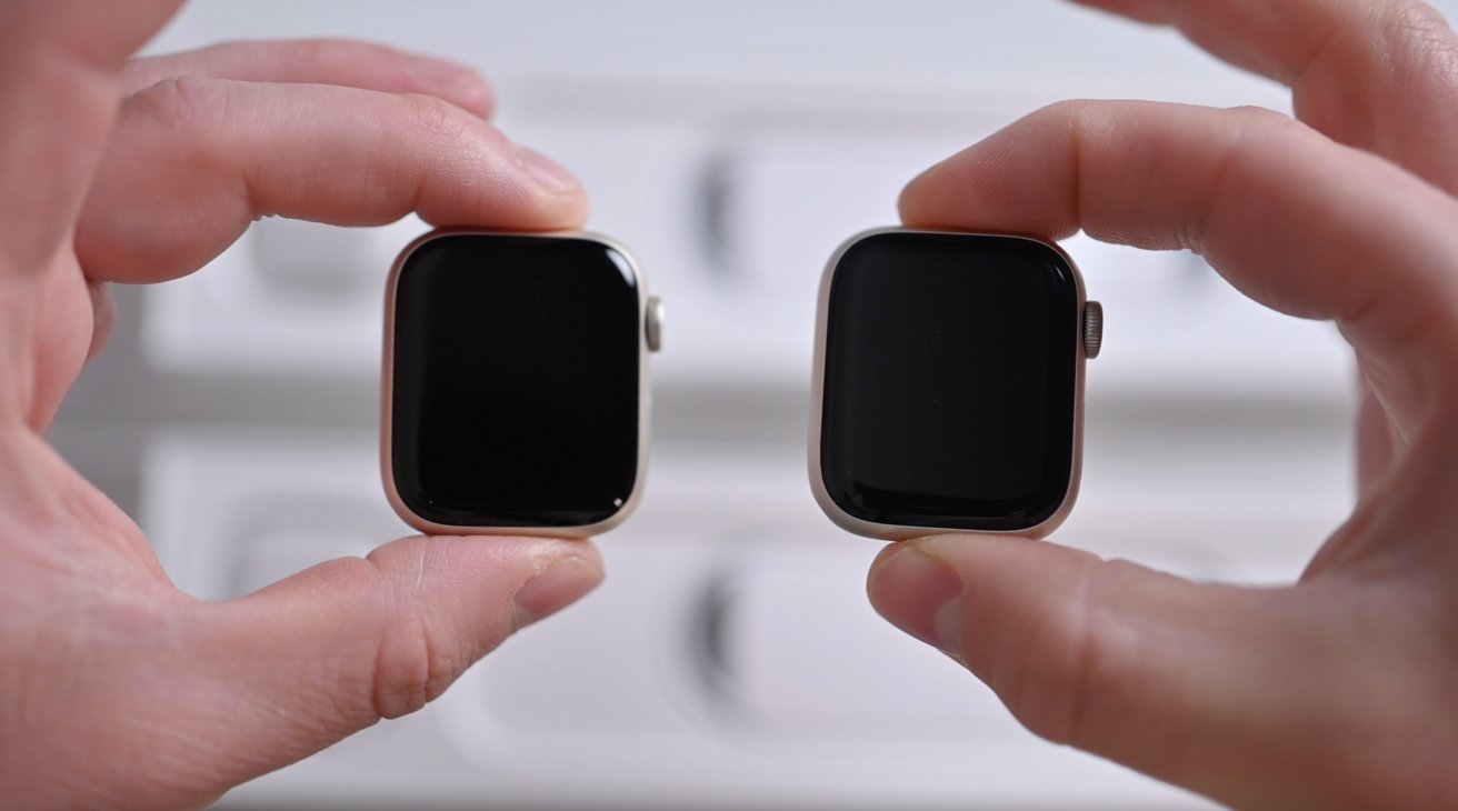 Fronts of a refurbished Apple Watch (left) and a new model (right)