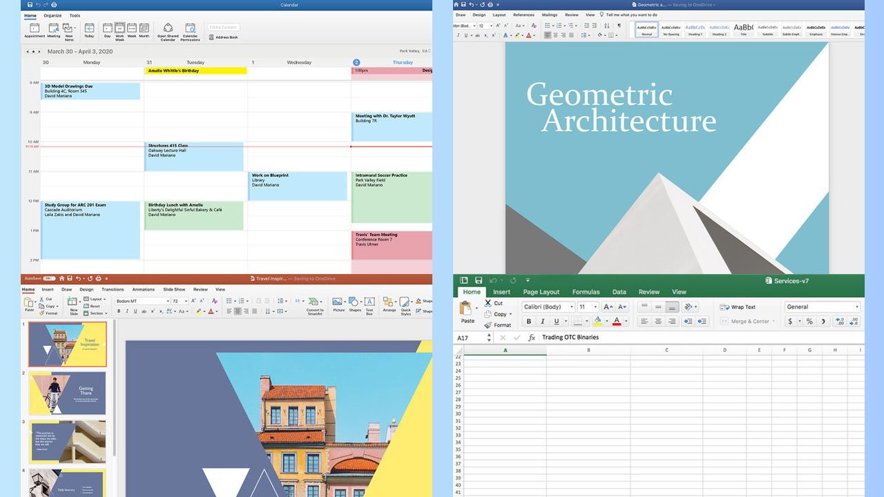 Outlook, Excel ve Word dahil Mac uygulamaları için Microsoft Office'in ekran görüntüleri
