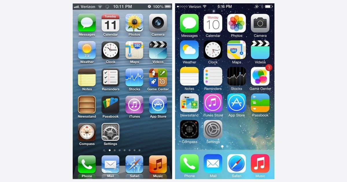 iOS 6 on the left versus iOS 7 on the right