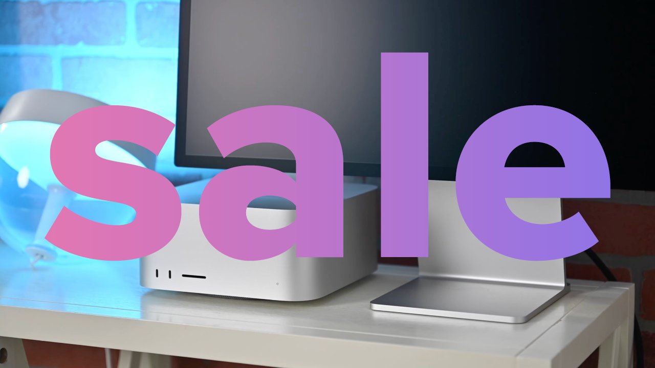 Mac Studio and Apple Studio Display on desk with purple gradient sale text