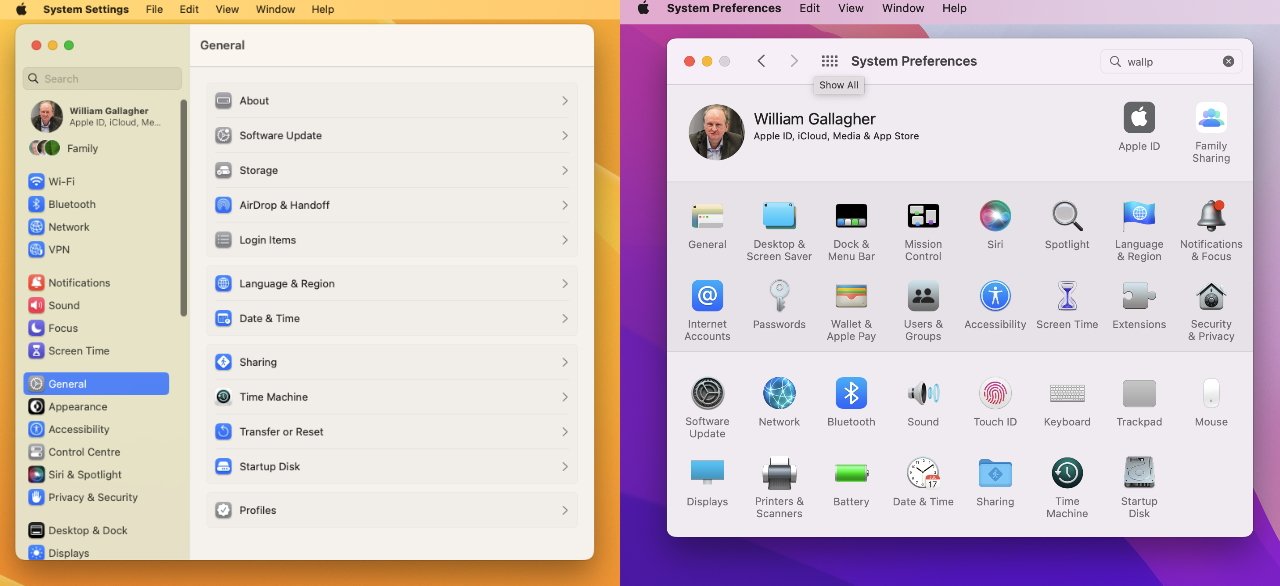 The new System Settings in macOS Ventura (left); System Preferences in macOS Monterey (right)