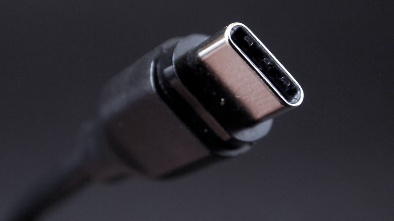 Close up view of the end of a USB-C charging cable