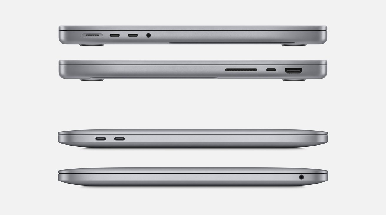 The 13-inch MacBook Pro (bottom) has far fewer ports than the generous 14-inch MacBook Pro (top)