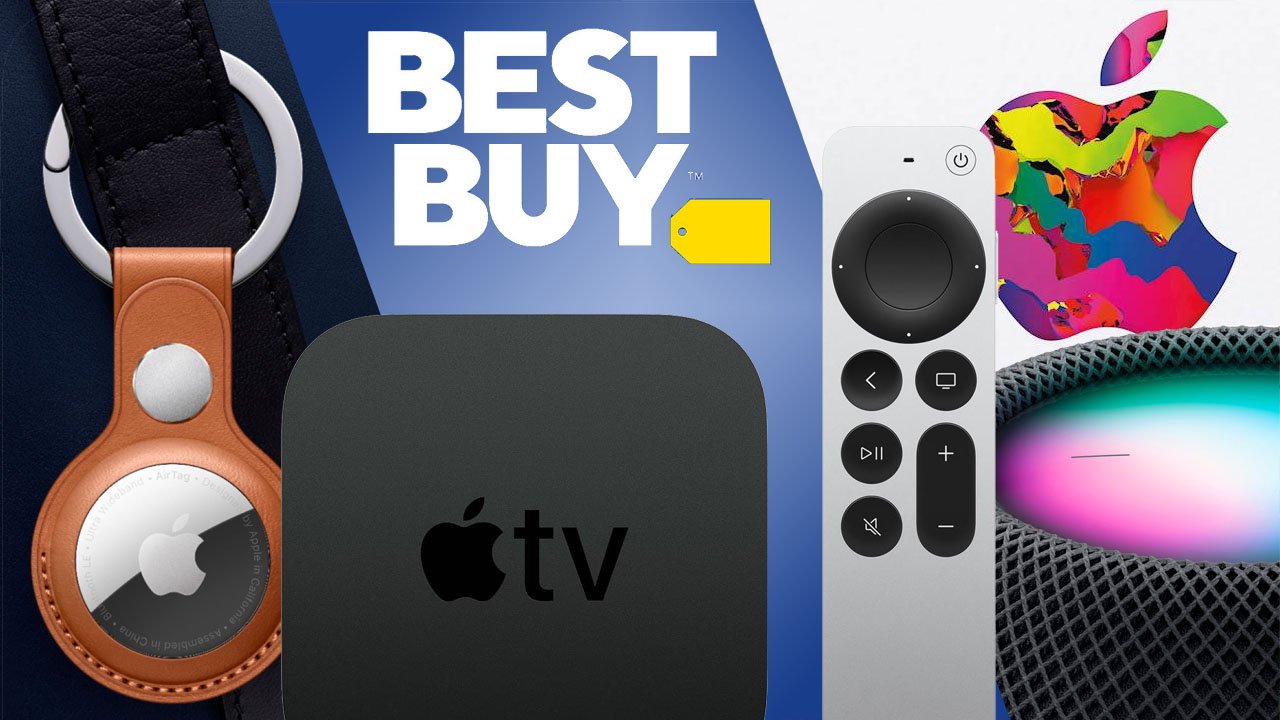 AirTag, Apple TV, HomePod mini and iTunes gift card with Best Buy logo