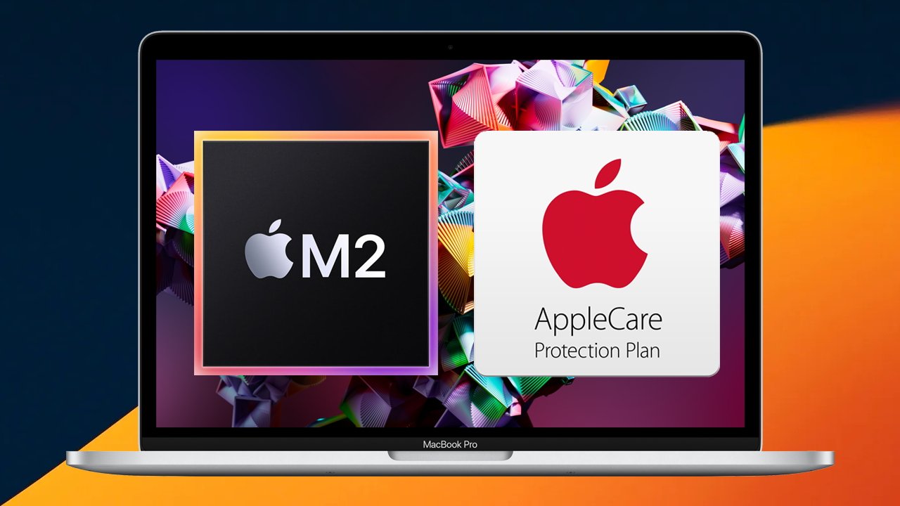 Apple M2 MacBook Pro 13-inch with macOS Ventury wallpaper and M2 chip and AppleCare logos