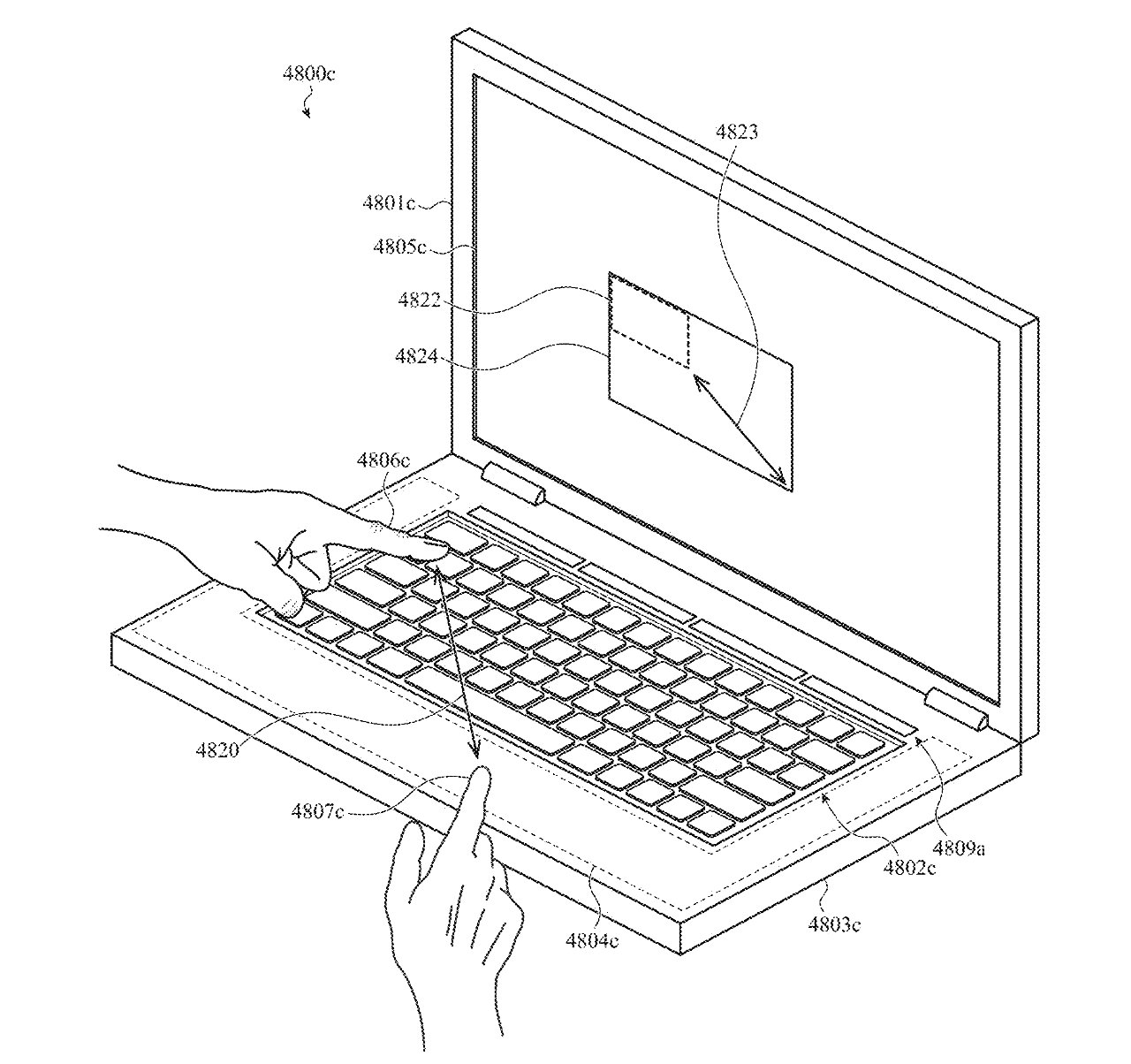 Detail dari paten yang menunjukkan bagaimana, bahkan dengan keyboard yang ditampilkan, Anda bisa menggambar garis di layar