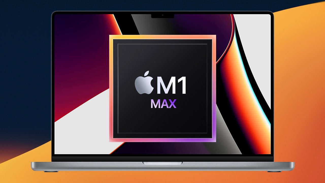 Apple MacBook Pro 16-inch with M1 Max chip logo on orange and black macOS Ventura wallpaper
