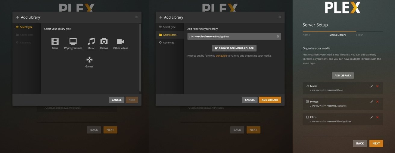 Setting up a media library in Plex. 