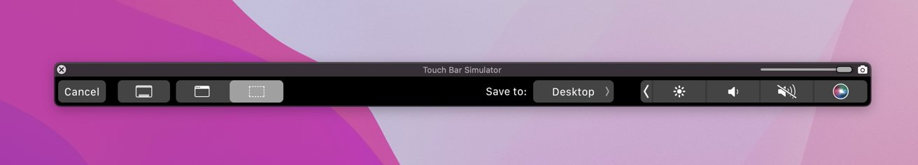 Touch Bar Simulator meniru antarmuka Touch Bar fisik, dapat dilihat sebagai jendela macOS. 