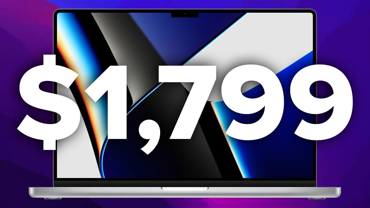 14-inch MacBook Pro in Silver on purple background with $1,799 text