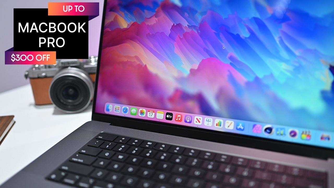 Apple 16-inch MacBook Pro computer close up with up to $300 off discount banner