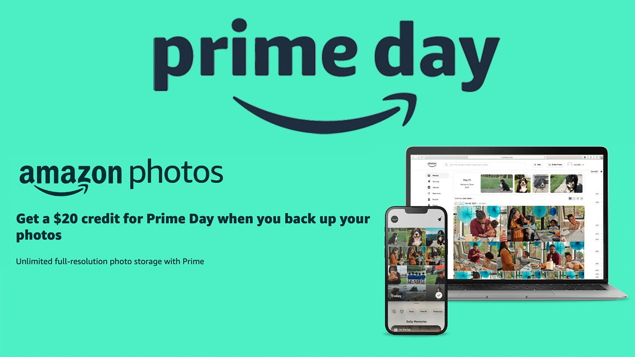 Prime Day Amazon Photos promo with computer and iPhone on green background