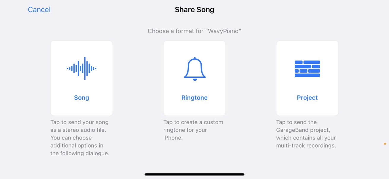 Berbagi lagu di GarageBand di iOS memungkinkan Anda menyimpan sebagai nada dering langsung ke perangkat. 