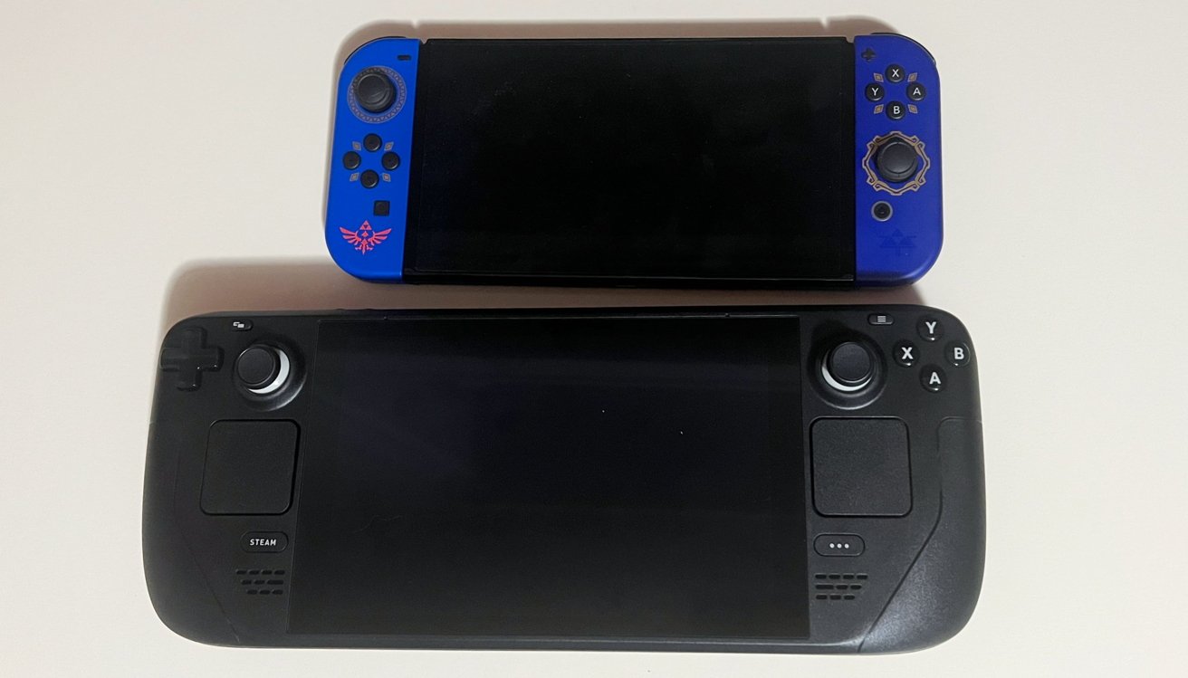 The Steam Deck shares elements with the also-pictured OLED Nintendo Switch, but you can't shorten it by removing the controls.