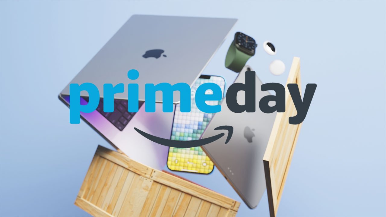 Apple MacBook Pro, iPad, iPhone sortant d'une boîte en bois avec le logo Prime Day