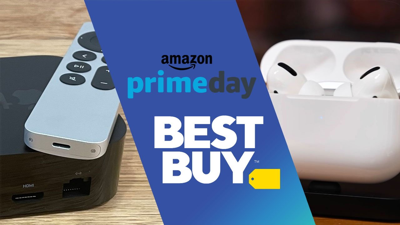 Apple TV 4K with Siri remote on desk, Amazon Prime Day and Best Buy logos in center and AirPods Pro in case on right