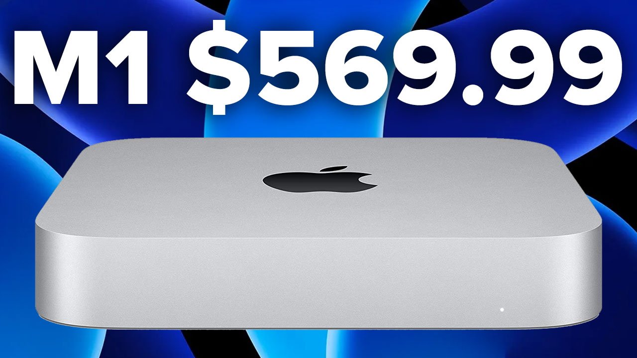 Apple Mac mini on blue wallpaper and bold $569.99 text