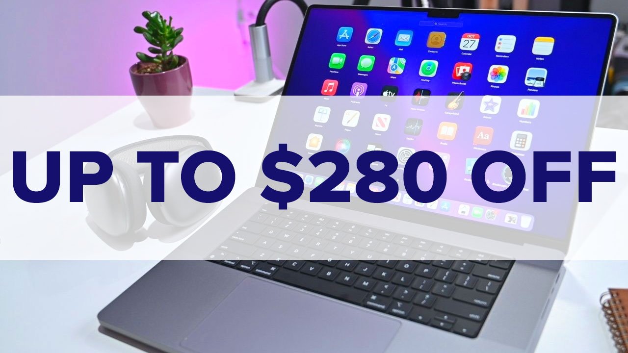 Apple MacBook Pro 16-inch with up to $280 off bold text in dark blue