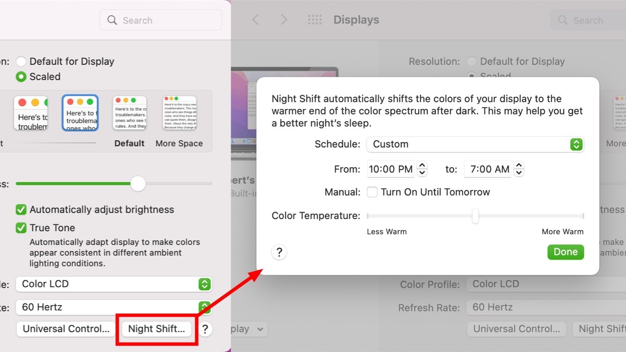 Adjusting the color temperature slider will briefly display the chosen temperature if you adjust these settings outside of the chosen schedule.