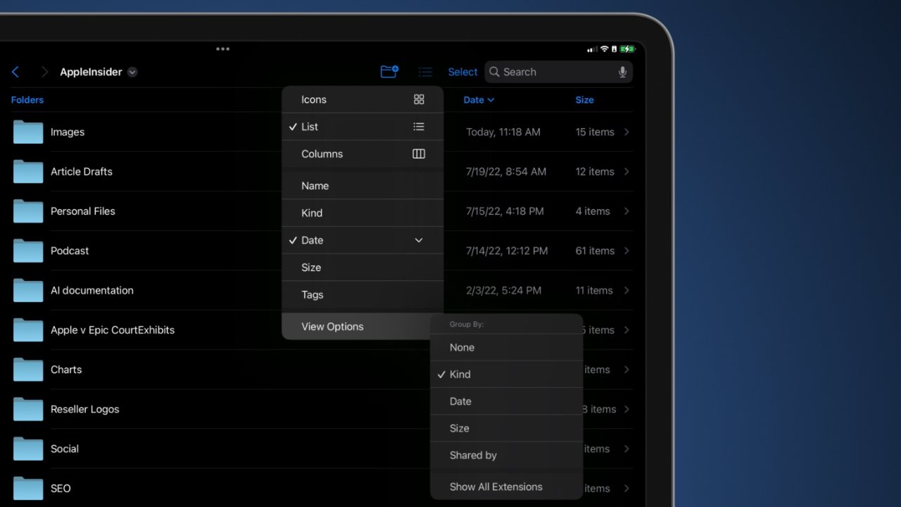 Organize files and folders using groups and listing options