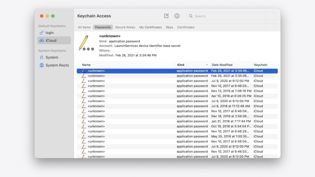 Keychain Access lists passwords with options for name, date modified, kind, and keychain location