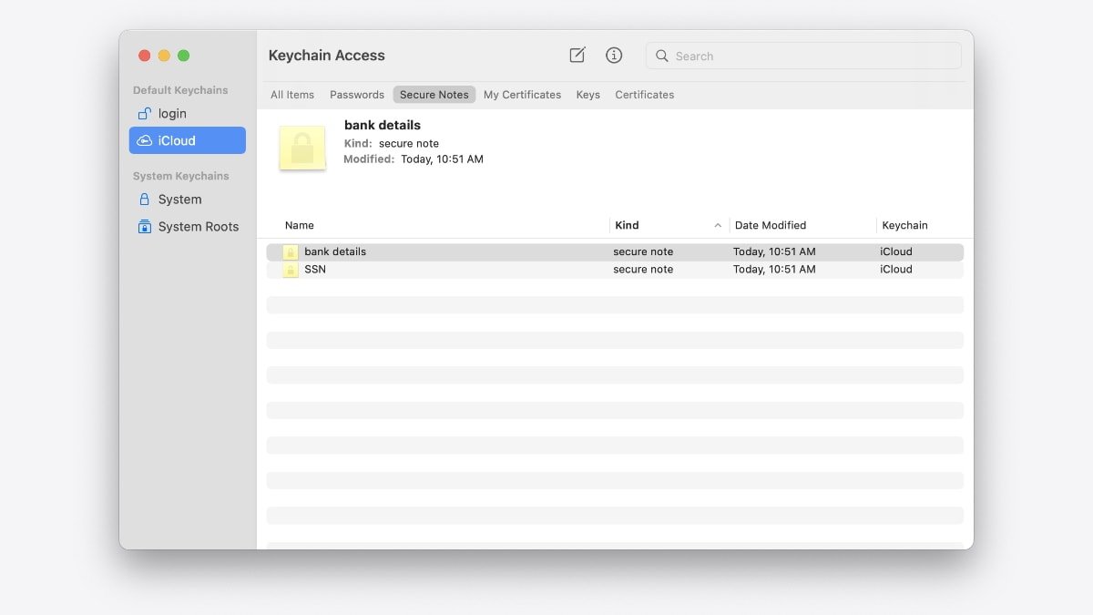 Managing secure notes using Keychain Access