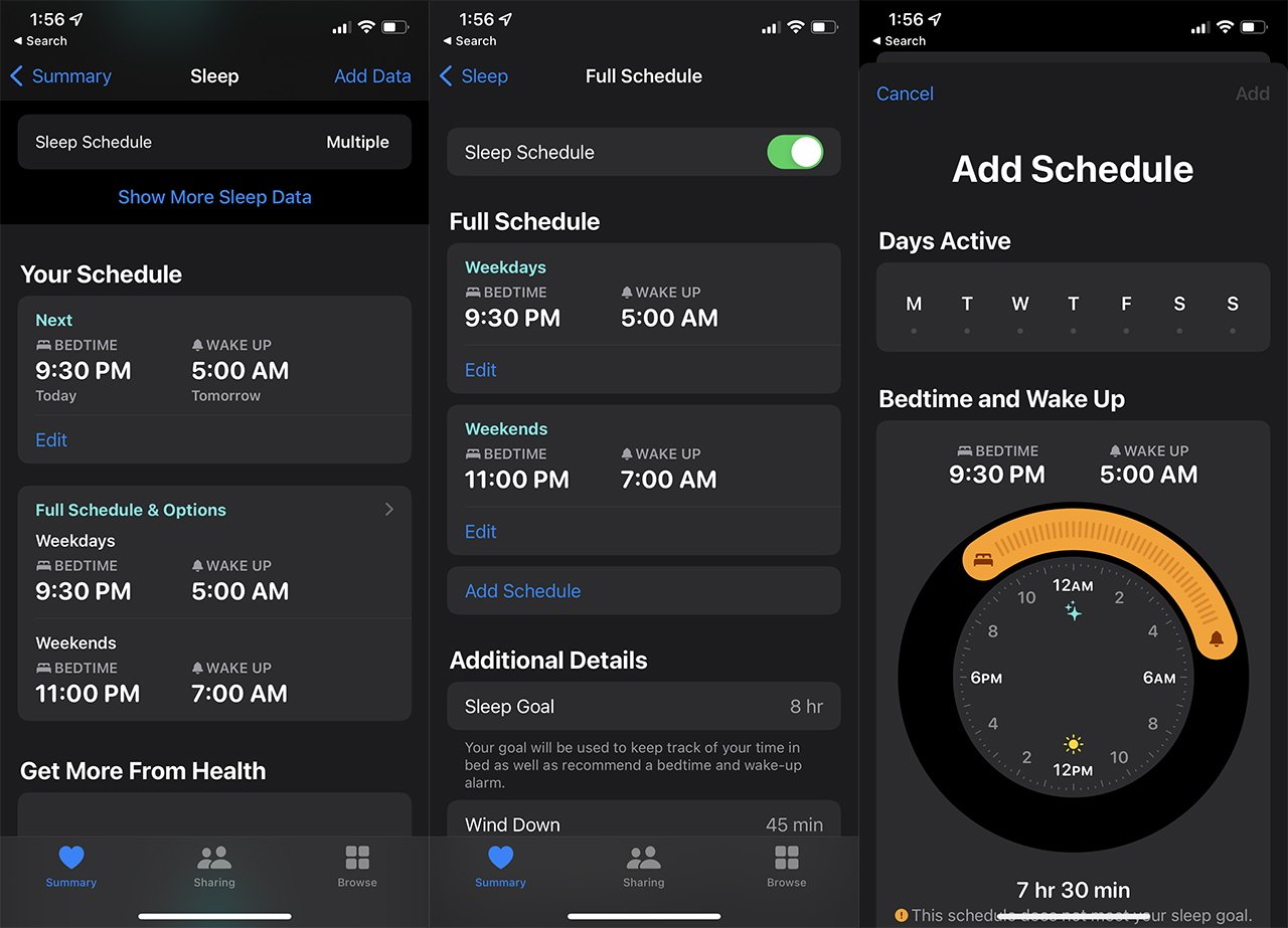 Setting up a sleep schedule using Apple's Sleep Schedule feature in Health.
