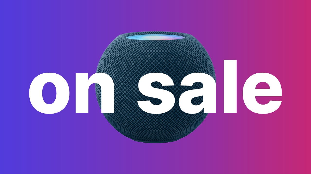 Apple HomePod mini in blue with white $89.99 text on purple gradient background