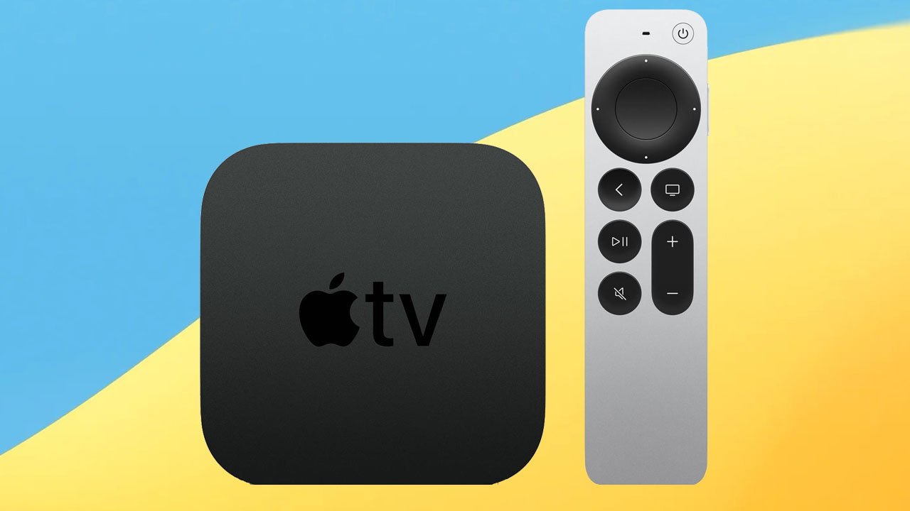Apple TV 4K with silver Siri remote on yellow and blue background